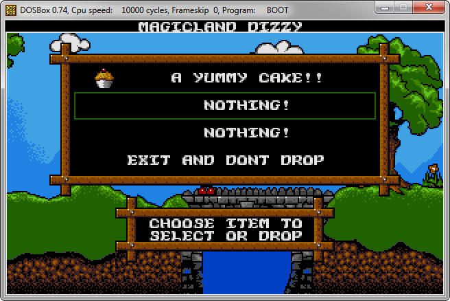 [DOSBox running Magic Land Dizzy under MS-DOS 6.22]