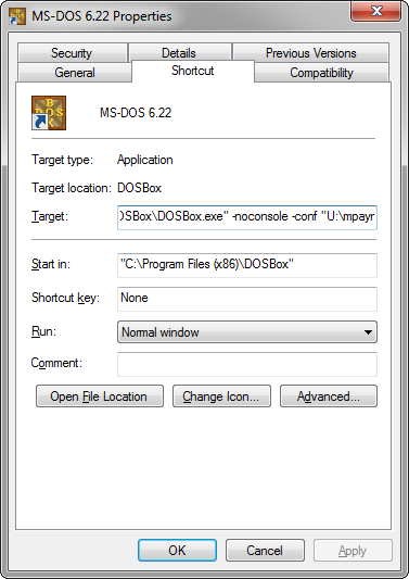 [Windows Explorer shortcut properties for DOSBox]