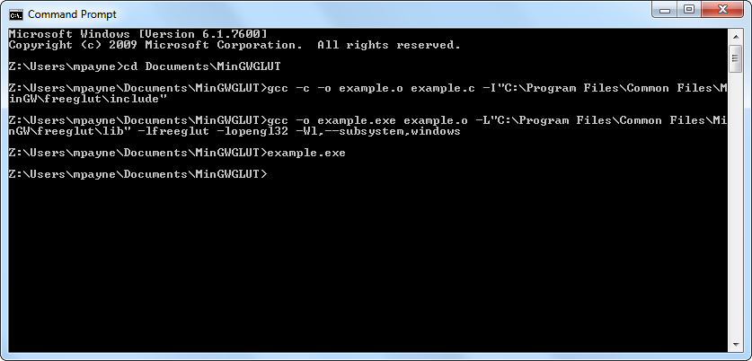 [Windows 7 Command Prompt showing the compile and link commands being executed.]