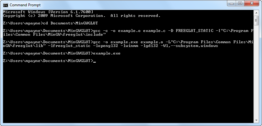 [Windows 7 Command Prompt showing the compile and link commands being executed.]