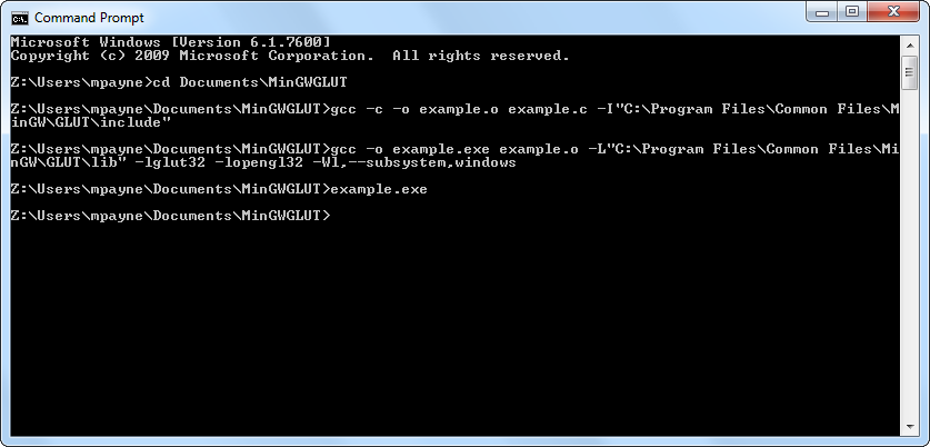 [Windows 7 Command Prompt showing the compile and link commands being executed.]