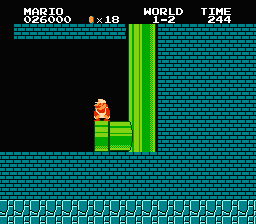 [Image showing Mario standing on the exit pipe of World 1–2]