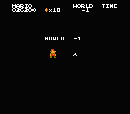 [Super Mario Bros. level introduction screen, which reads “World −1”]