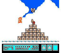 [Cloud bonus area with a pyramid of bricks and a Para Goomba]