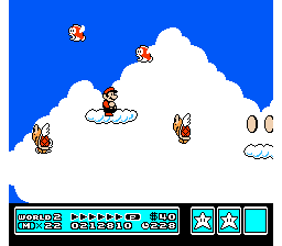[Cloud bonus area with flying Cheep Cheeps and large pit]