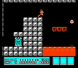 [Image of Mario with a Thwomp and a lava pit]