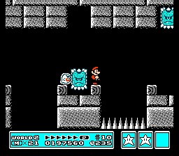 [Image of Mario between a two Thwomps and a spike pit, with a ghost following him]