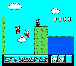 [Image of Mario standing on a thin ledge between a gap and a pool of water]