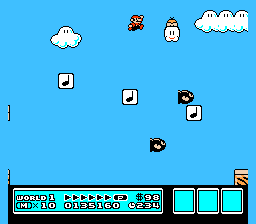 [Image of Mario on some isolated note blocks, above a pit, with Lakitu throwing Spineys, and some Bullet Bills being fired!]