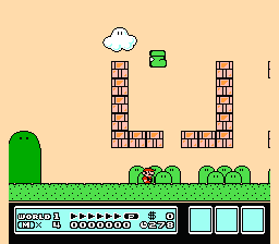 [Image of Mario in a hilly level, with a Goomba in a Kuribo’s Shoe on a platform above him]