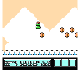 [Image of Mario in a Kuribo’s Shoe, in a cloudy level]