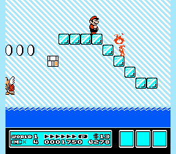 [Image of Mario on an ice platform, with a flame next to him]