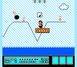 [Image of Mario on a moving wire platform, above a large expanse of water]