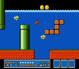 [Image of Mario in an underwater level, next to a pair of green Cheep Cheeps]