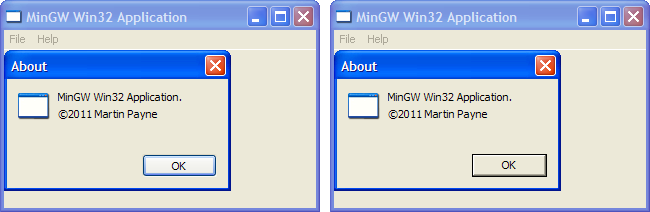 [Two Windows applications showing a rounded 3D themed button and an un-themed button]